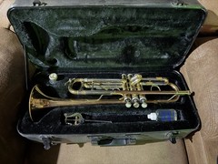 Damaged Trumpet And Case w/ Marching Band Lyre